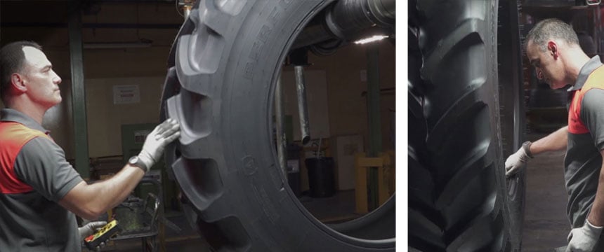 Contrôle de qualité manuel chez Firestone lors de la fabrication de pneus de tracteurs haut de gamme